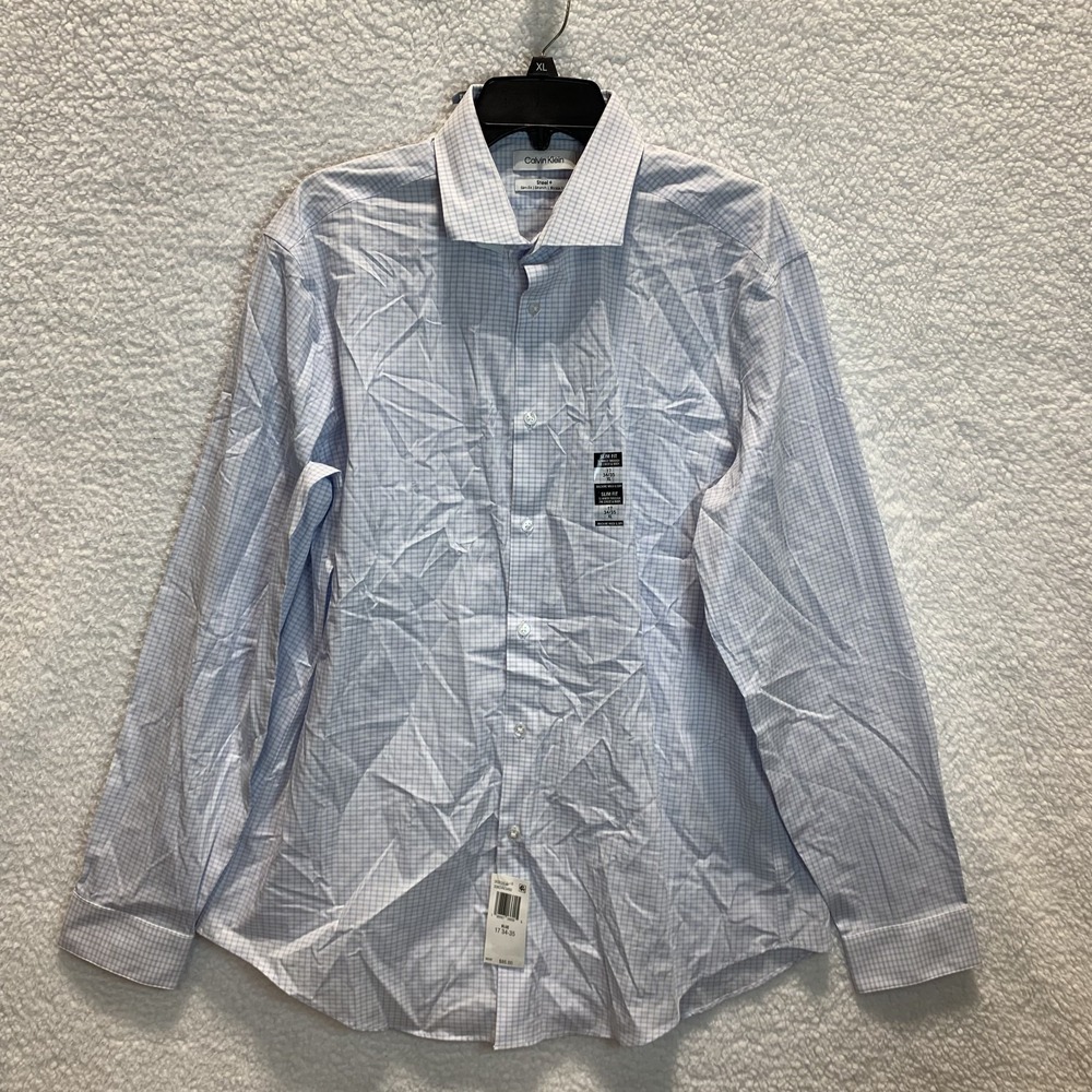 Calvin Klein Men's Button Up Shirt XL Steel+ Slim Fit Stretch Wrinkle Free Blue